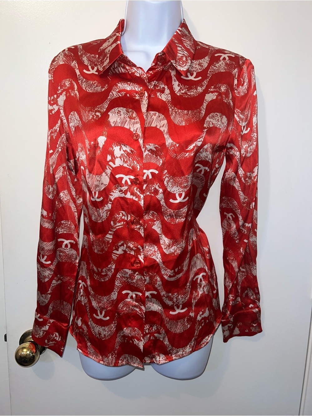 Red Printed Silk Button-Up Blouse